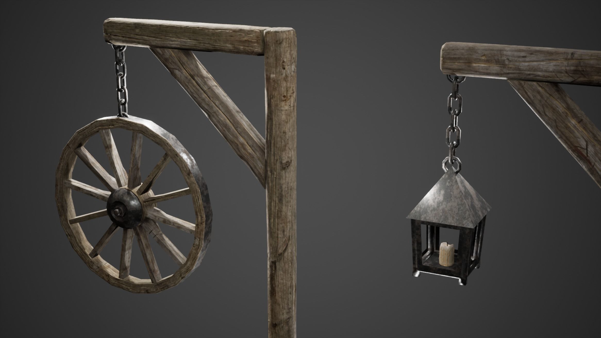 Wooden Post and Lamp Game Ready Low-poly 3D model_1