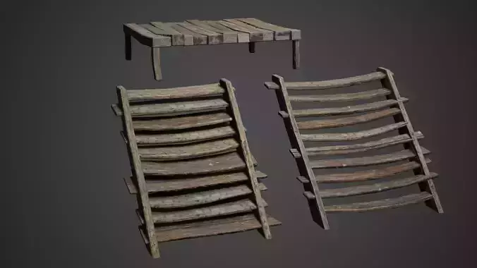 Medieval Wooden Bed and Stairs  Game Ready