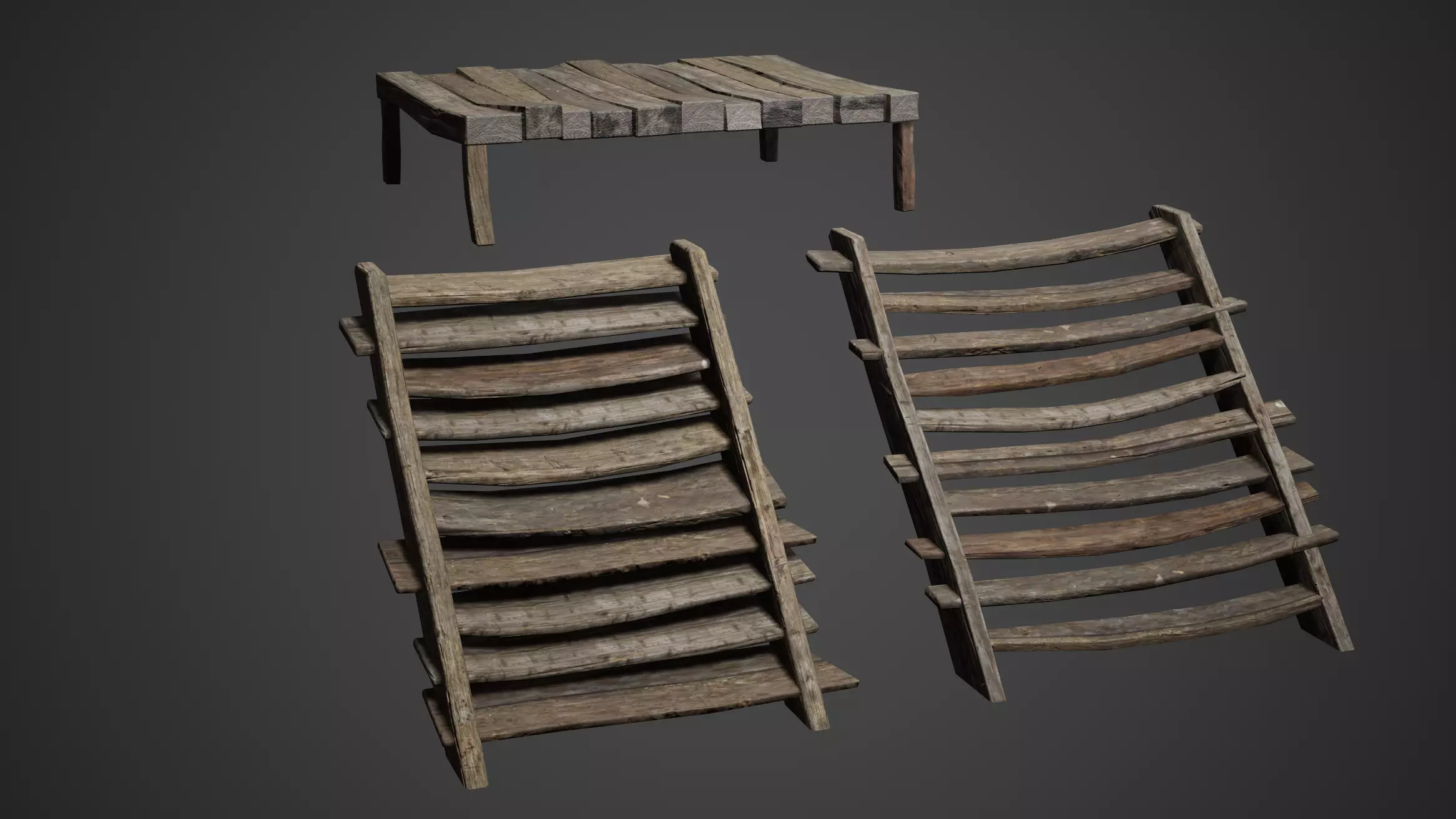 Medieval Wooden Bed and Stairs Game Ready Low-poly 3D model_0