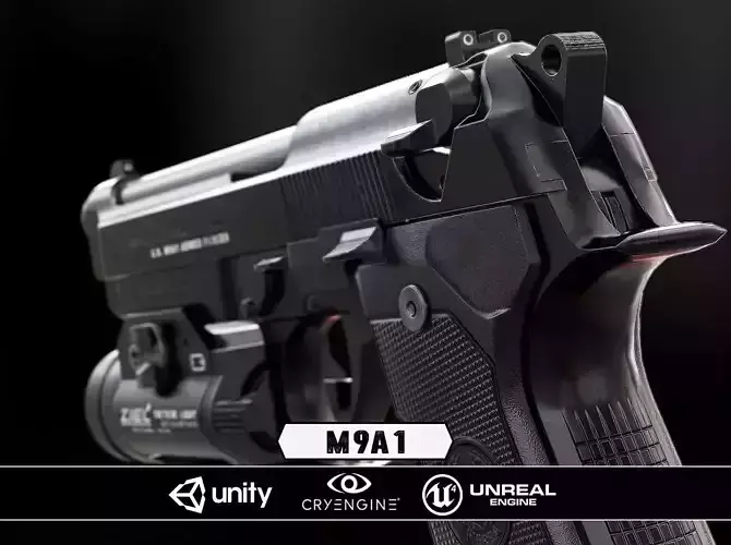 M9A1 Black and Chrome plus Flashlight - Model and Textures Low-poly 3D model