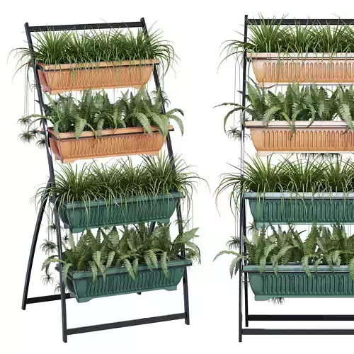 Folding planter rack with four baskets of plants