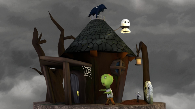 LowPolyMonsterScene haunted house on cloudy day Low-poly 3D model