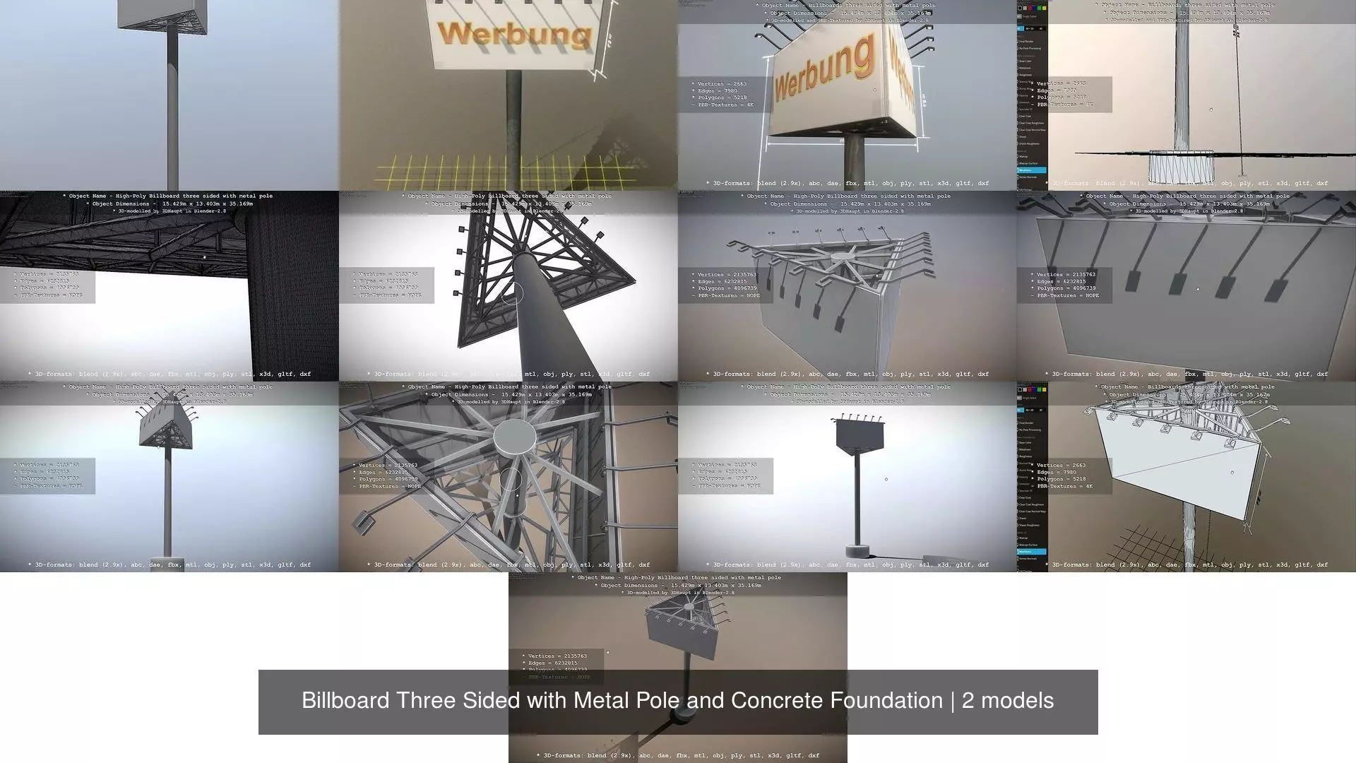 Billboard Three Sided with Metal Pole and Concrete Foundation 3D Model Collection_3
