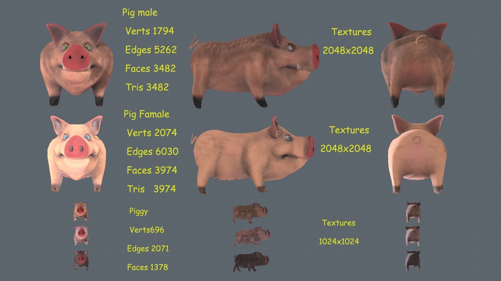 Stylized Piggy Family Low-poly 3D model_2