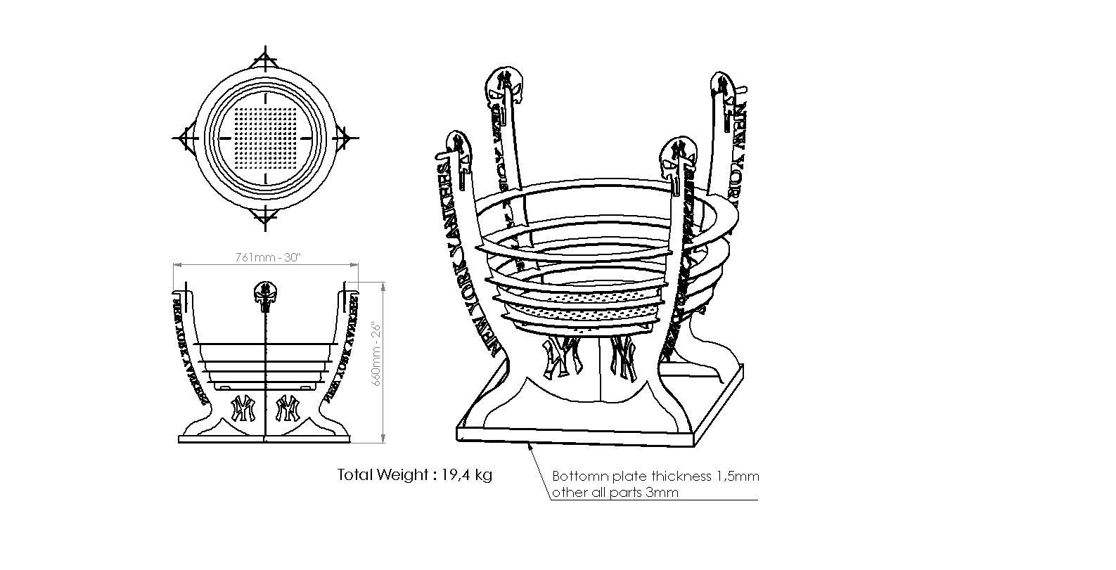 New York Yankees  Fire pit Modular Design Dxf for Cnc Laser  3D print model_3