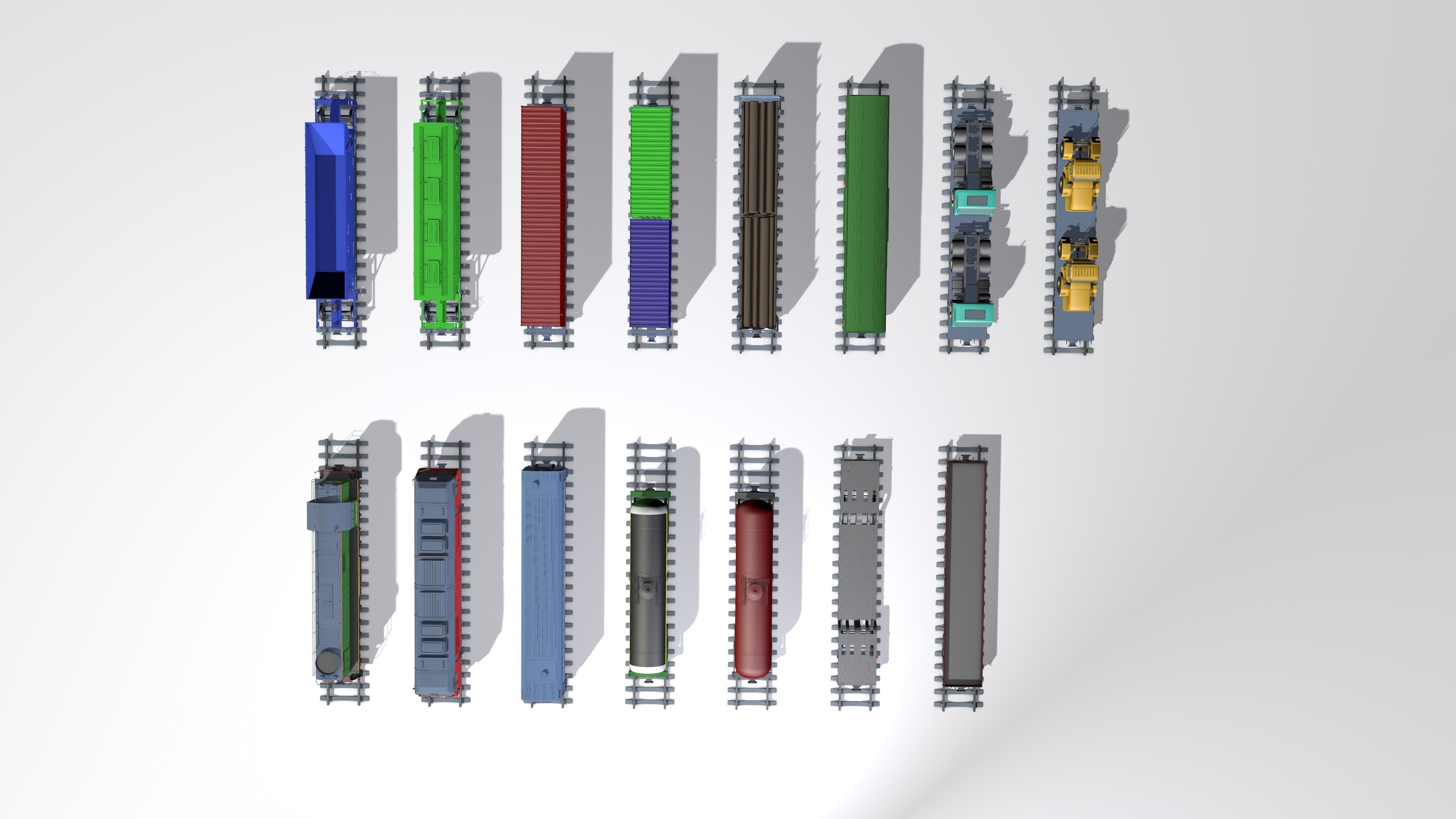 A complete set of railway cars plus two diesel locomotives 3D model_19