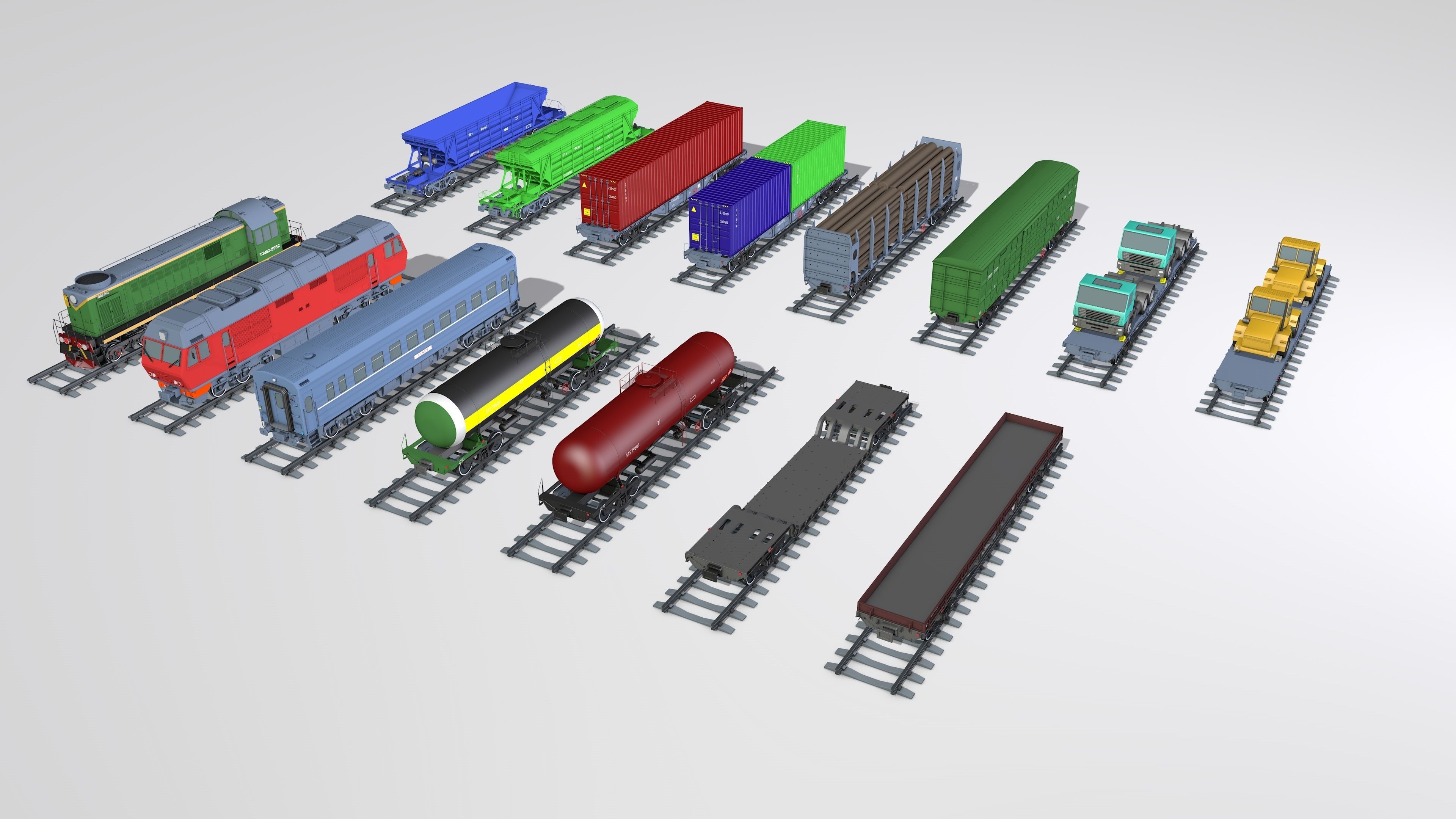 A complete set of railway cars plus two diesel locomotives 3D model_18
