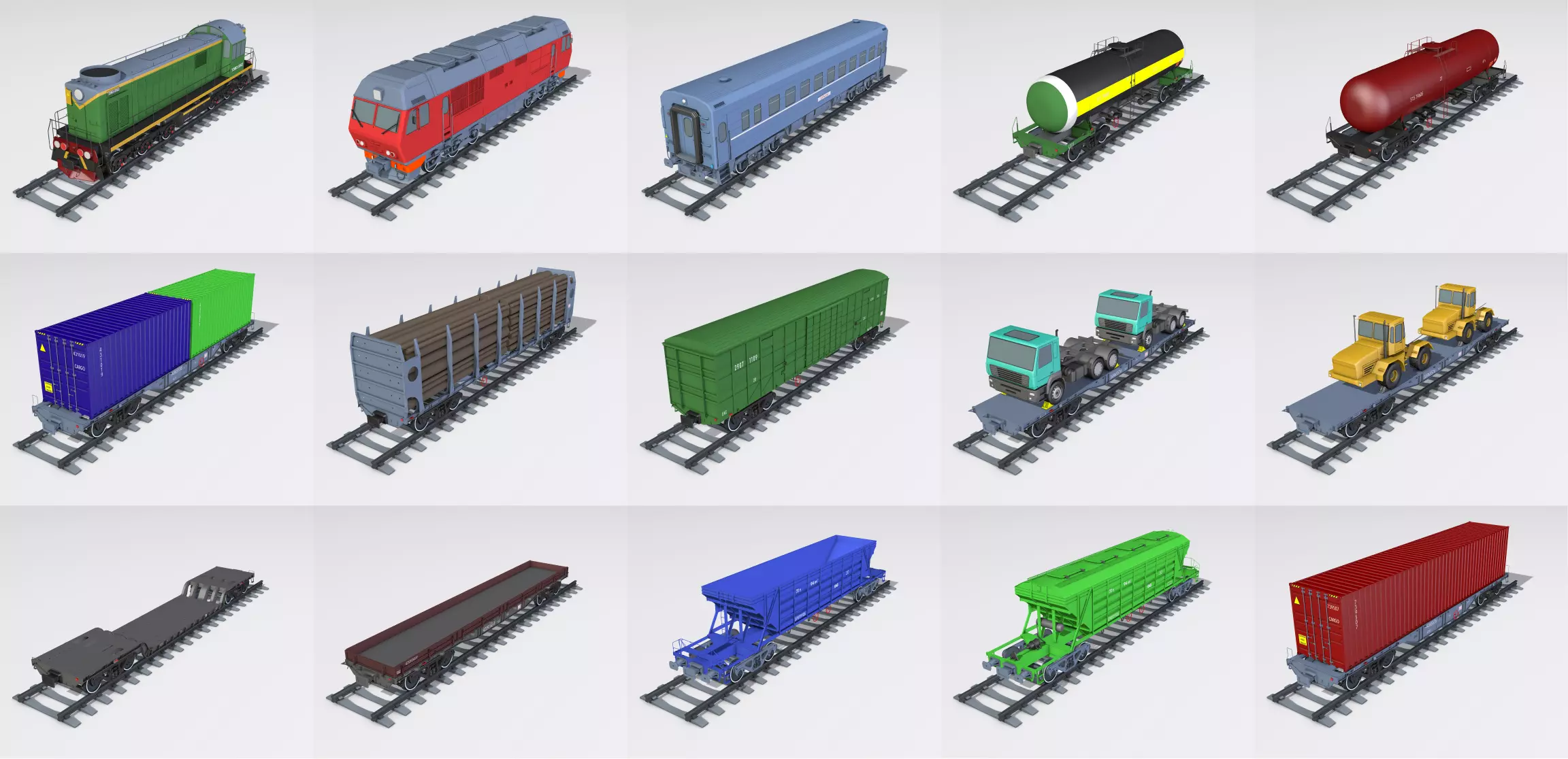 A complete set of railway cars plus two diesel locomotives 3D model_0
