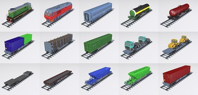 A complete set of railway cars plus two diesel locomotives 3D model