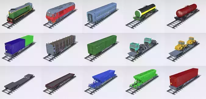 A complete set of railway cars plus two diesel locomotives 3D model