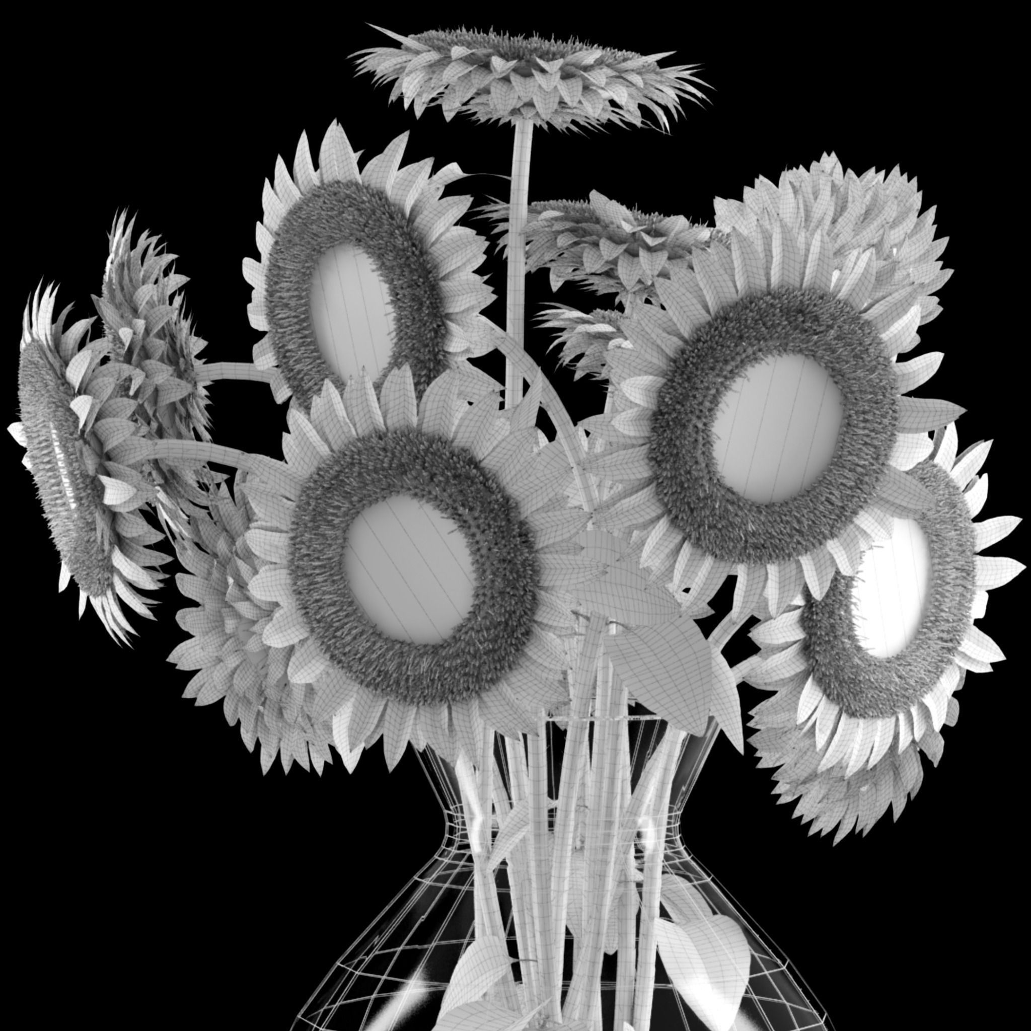 Sunflowers in glass vase 3D model_7