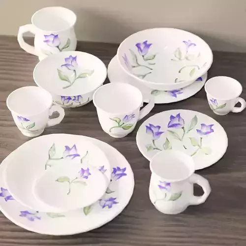 Dish set with flower pattern Low-poly 3D model