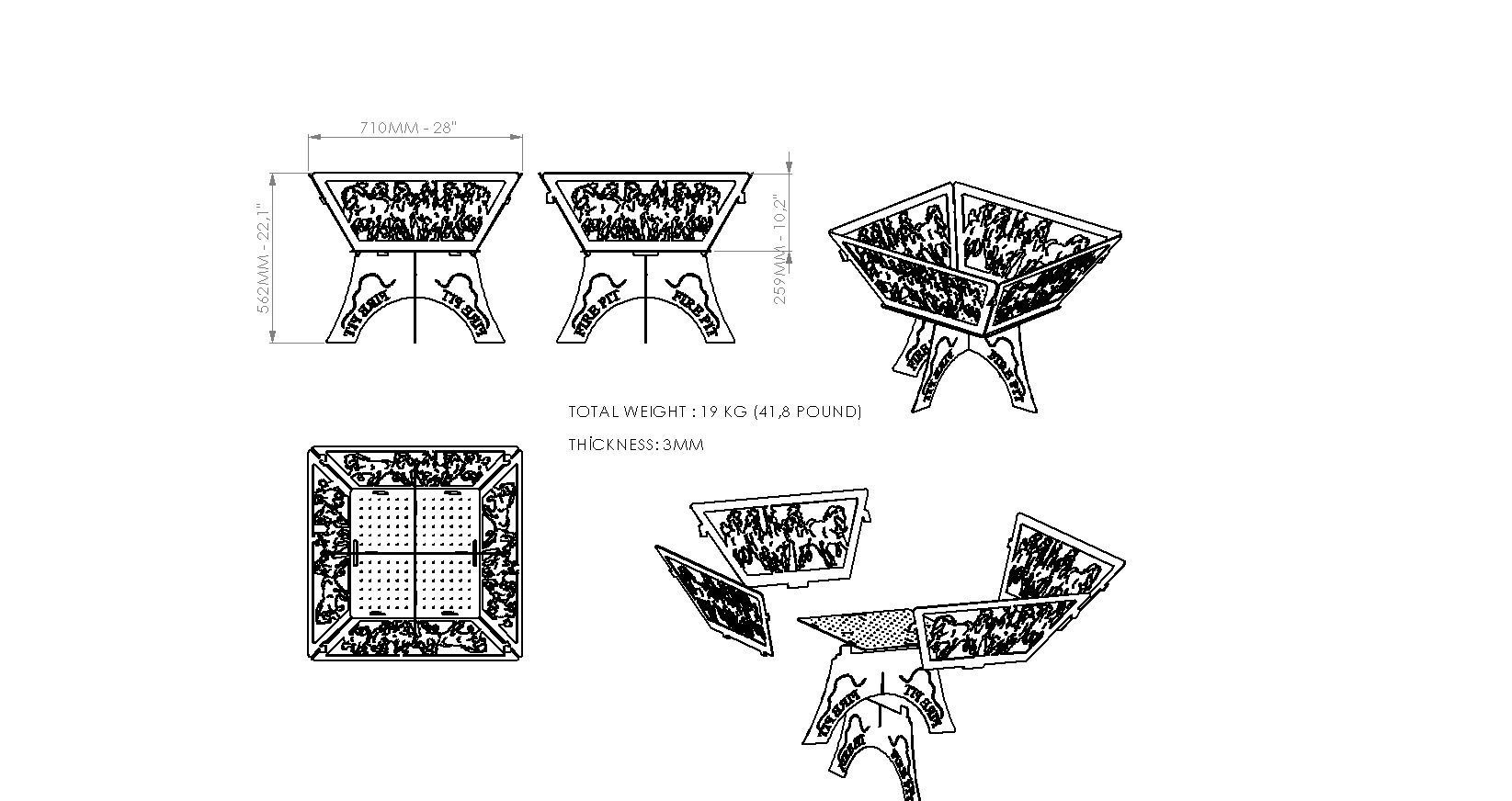 Fire Pit Dxf and Step data Horses Fire pit 3D print model_4