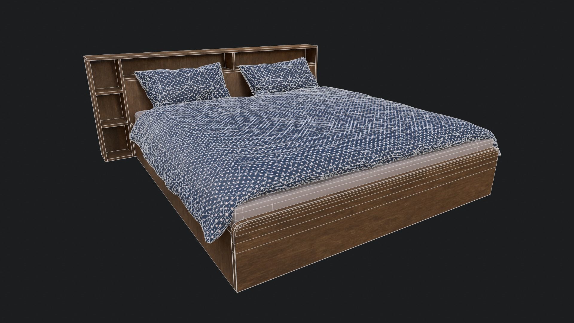 King Sized Bed with shelf Low-poly 3D model_6