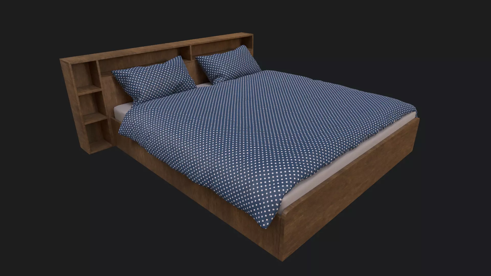 King Sized Bed with shelf Low-poly 3D model_0