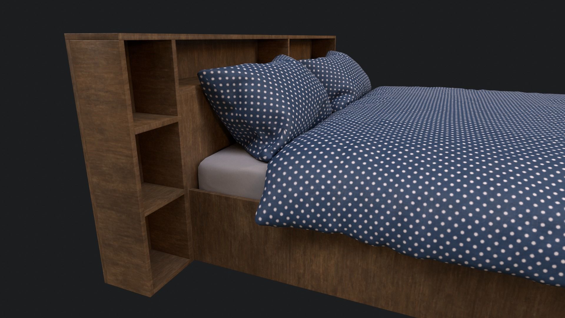 King Sized Bed with shelf Low-poly 3D model_5