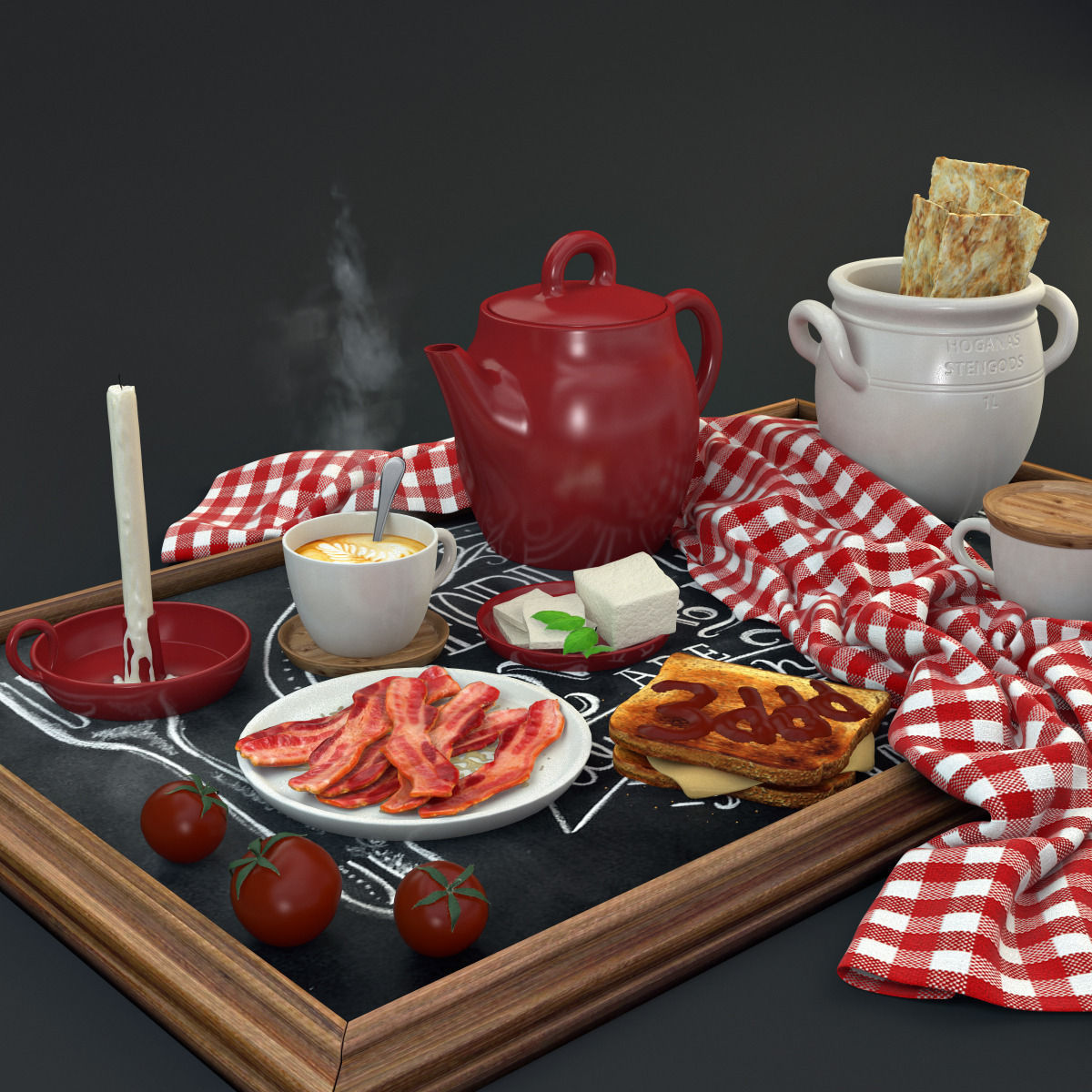 breakfast set with toast bacon tomatos 3D model_1