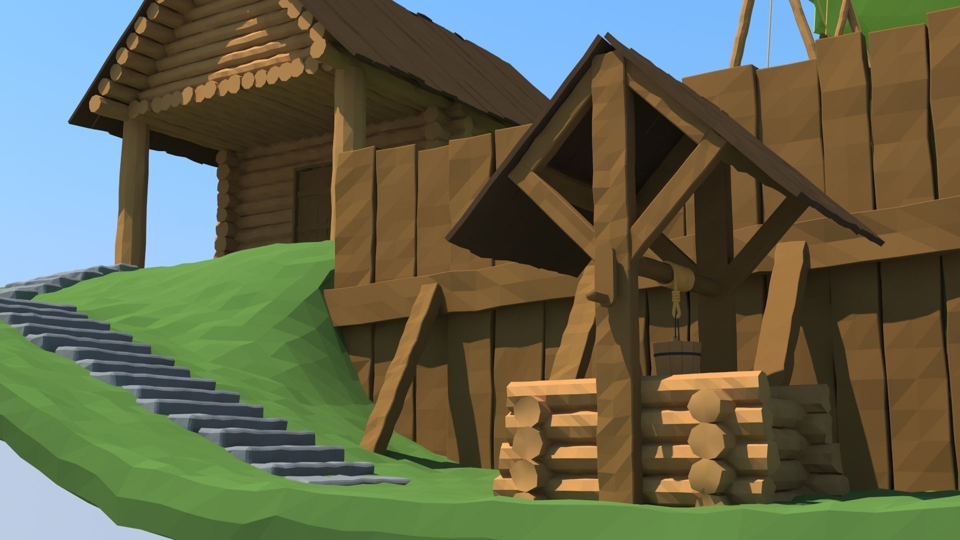 Low Poly House log cabin with tree and swing Low-poly 3D model_4
