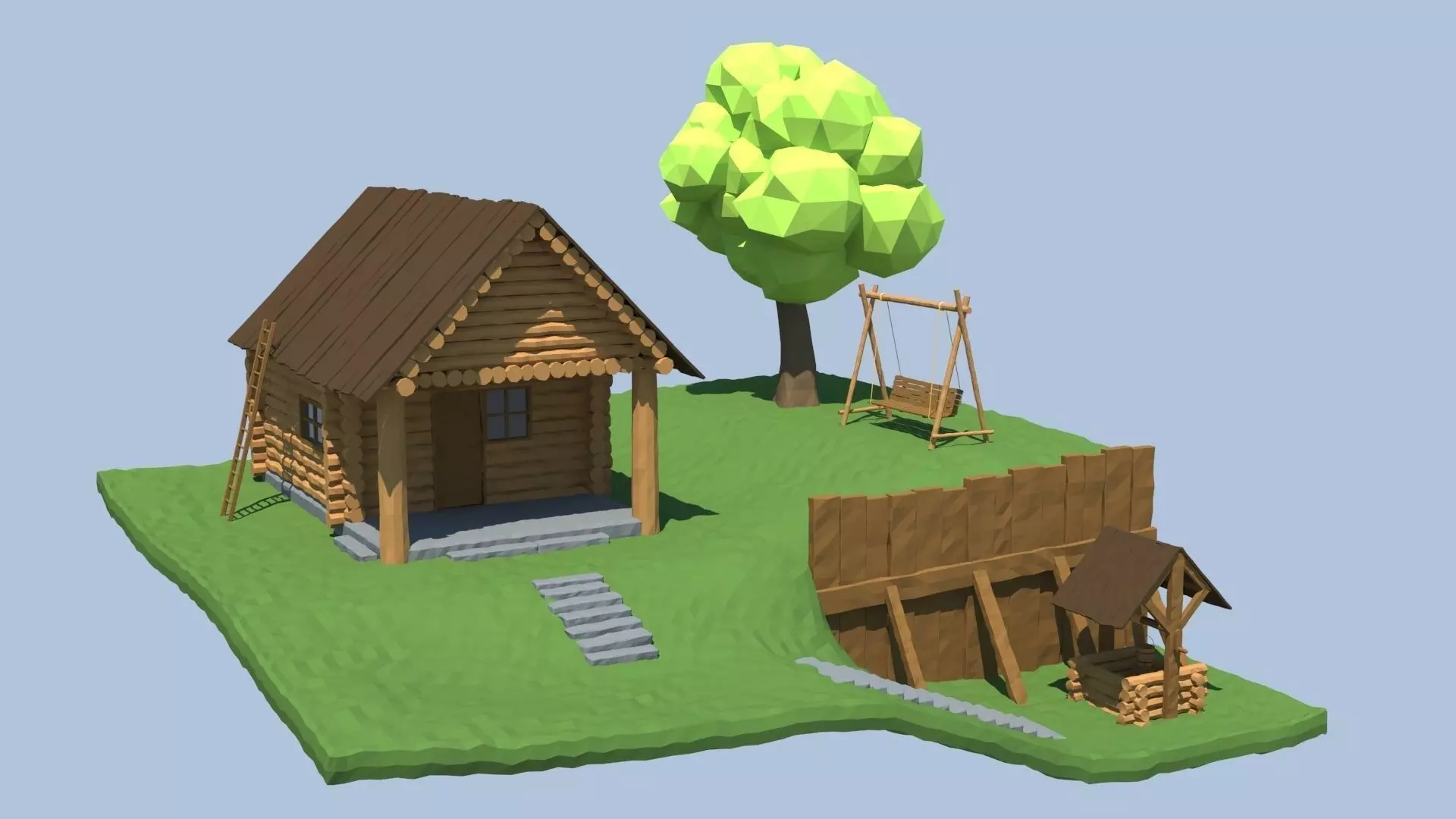 Low Poly House log cabin with tree and swing Low-poly 3D model_0