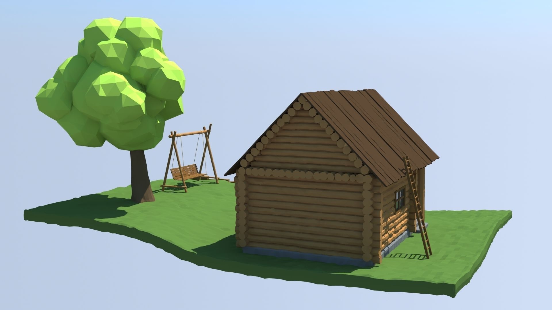 Low Poly House log cabin with tree and swing Low-poly 3D model_1