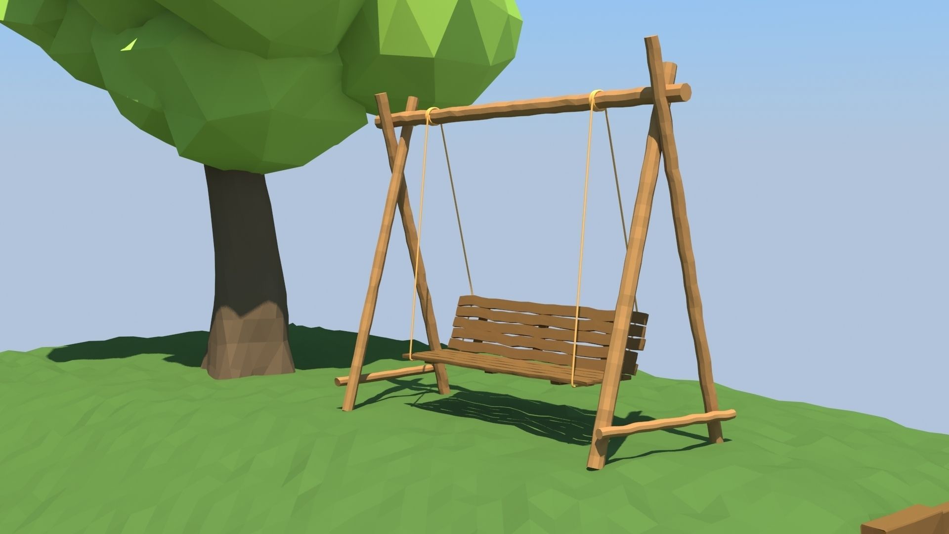 Low Poly House log cabin with tree and swing Low-poly 3D model_2
