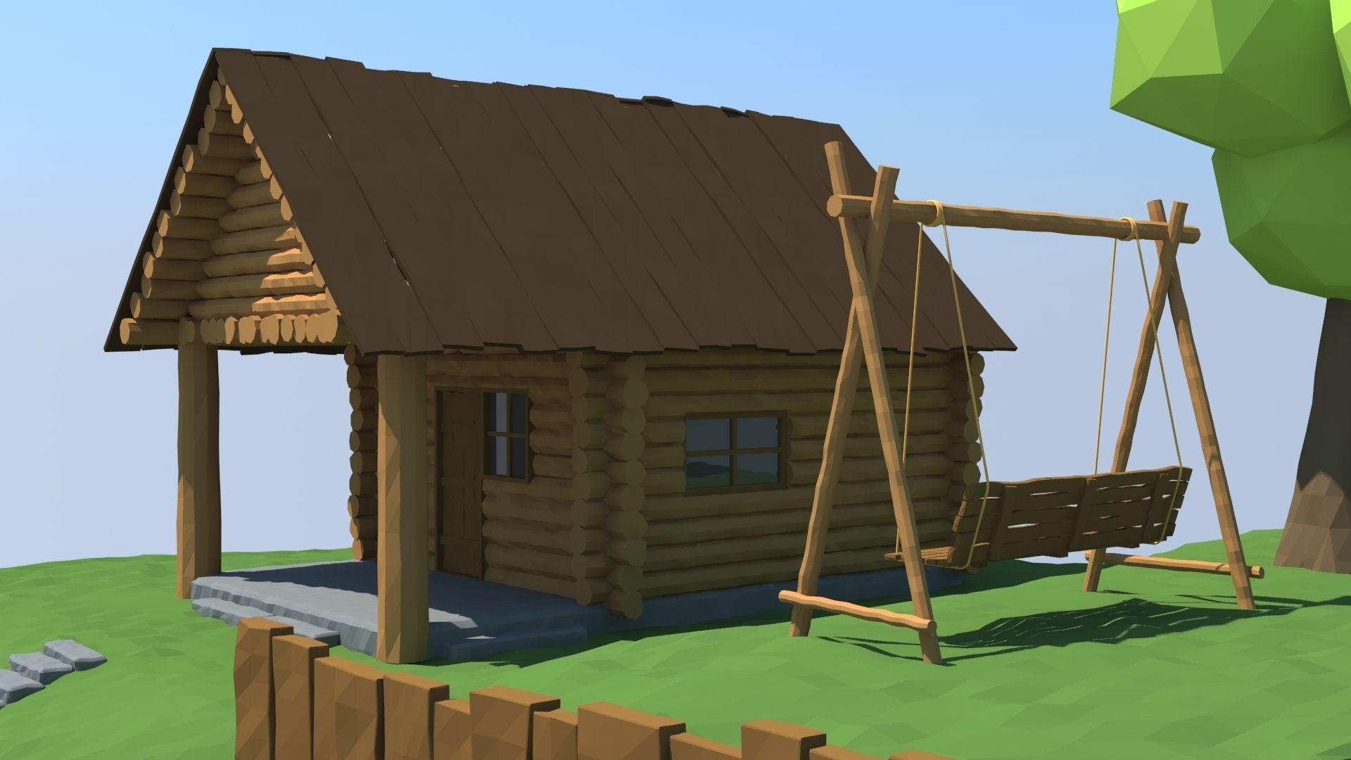 Low Poly House log cabin with tree and swing Low-poly 3D model_3