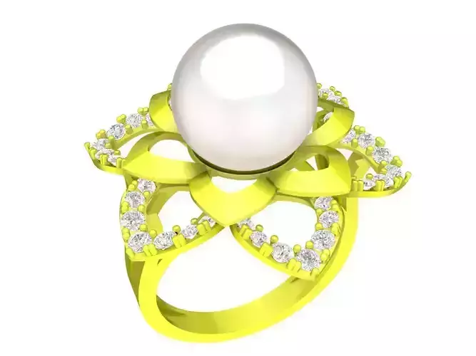 Pearl and Diamond Lotus Flower Women Ring 1389