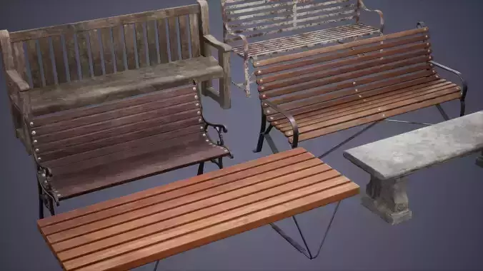 Bench Set Low Poly Game Ready wooden