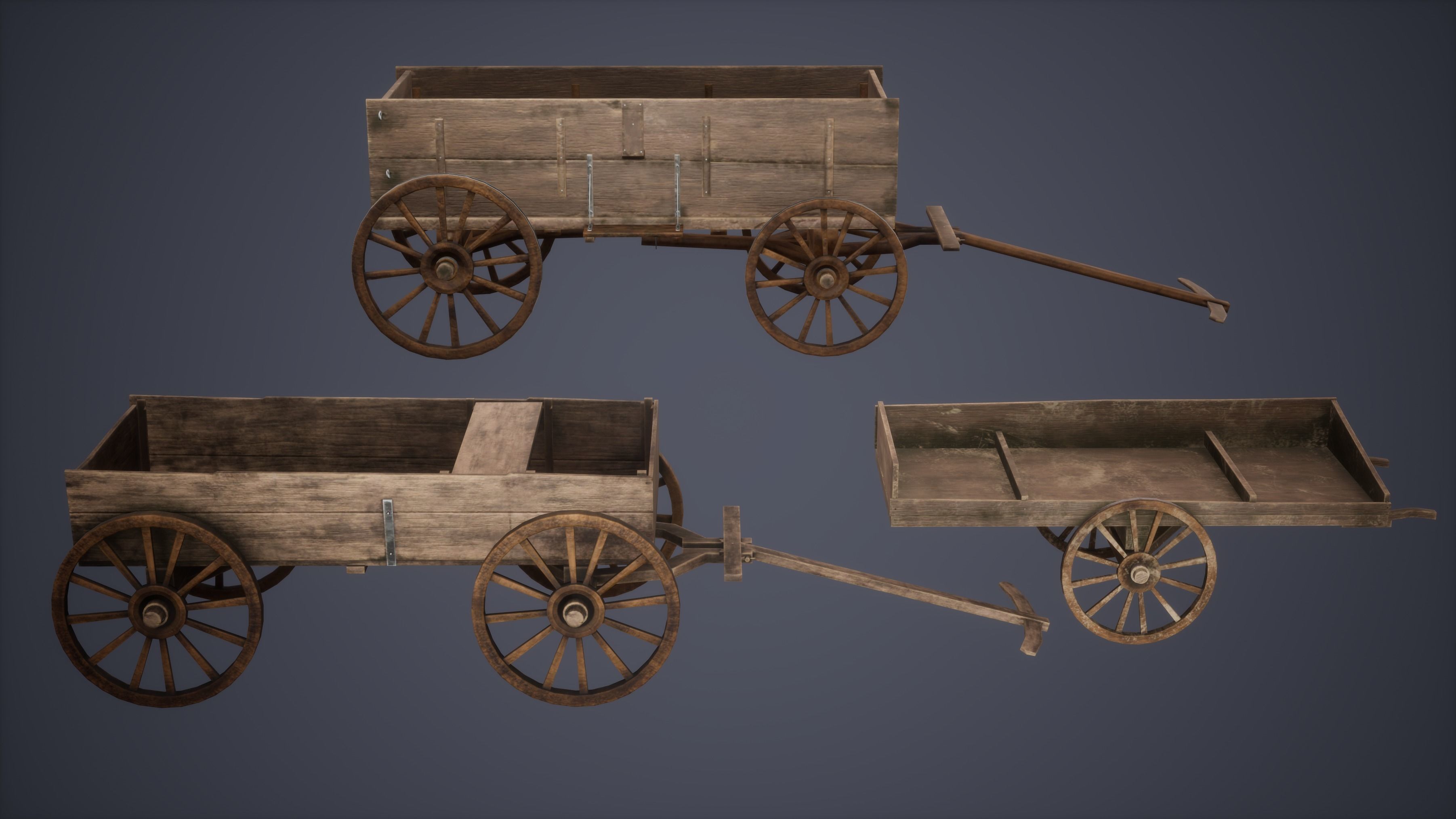 Carts Set Low Poly Game Ready old wooden wagon Low-poly 3D model_1