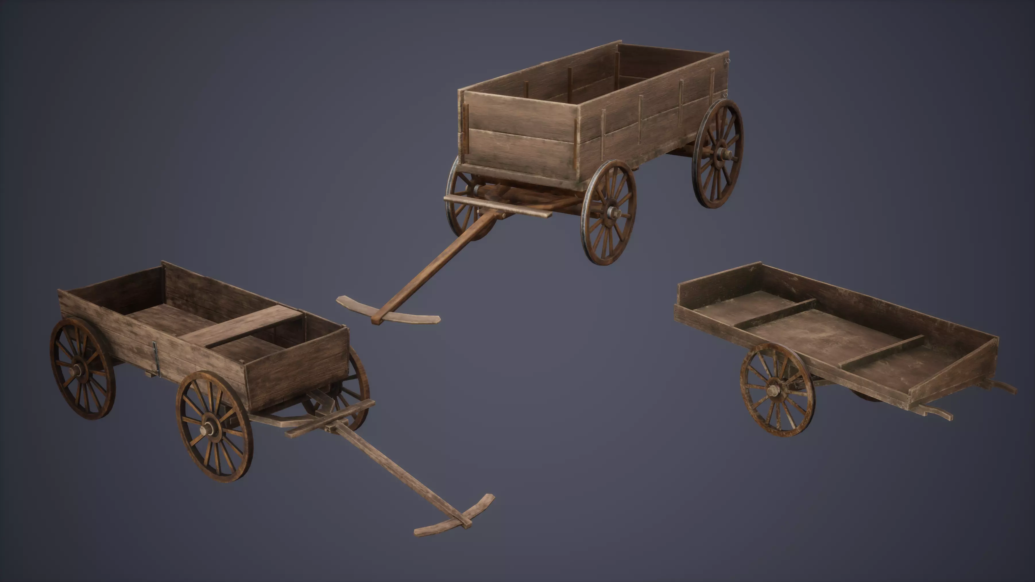 Carts Set Low Poly Game Ready old wooden wagon Low-poly 3D model_0