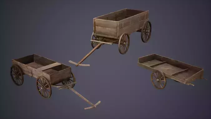 Carts Set Low Poly Game Ready old wooden wagon