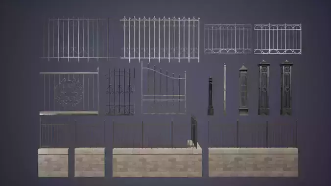 Modular Fence Set Low Poly Game Ready 