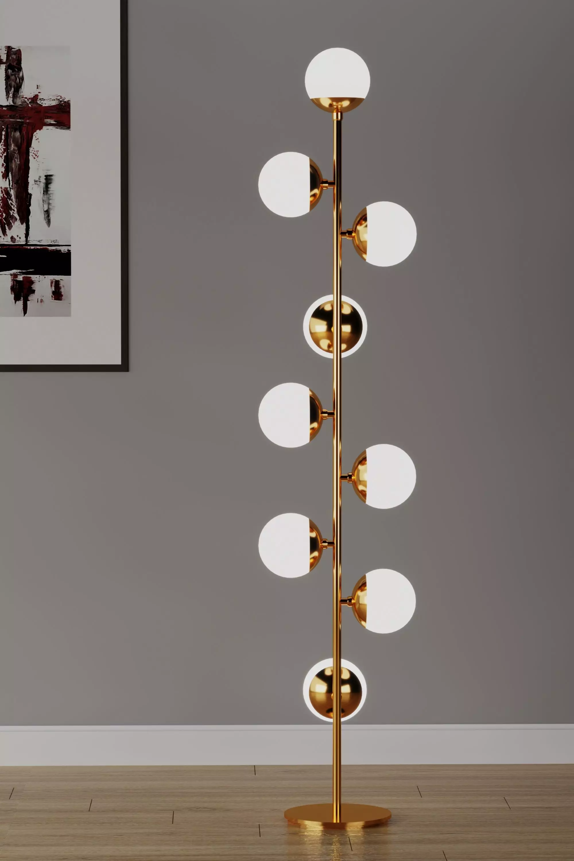 Lighting gold floor lamp with six glass balls 3D model_0