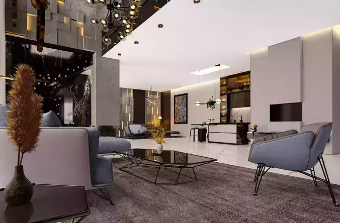  Living room with Kitchen 3D model