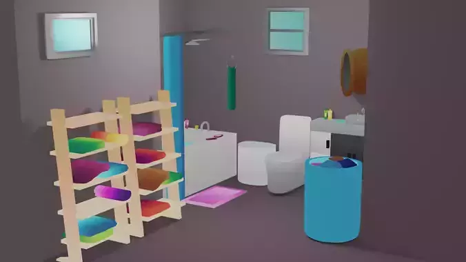 Lowpoly Bathroom with shelves and toilet