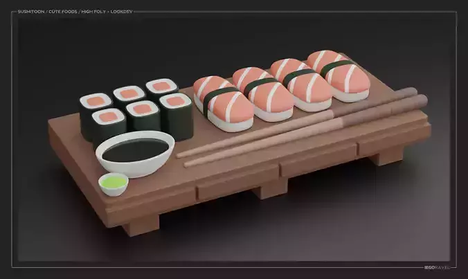 Sushitoon sushi and chopsticks on wooden tray Low-poly 3D model