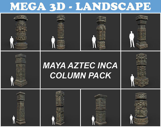 Low poly Mayan Inca Aztec Column Modular Pack Mossy 210616 Low-poly 3D model