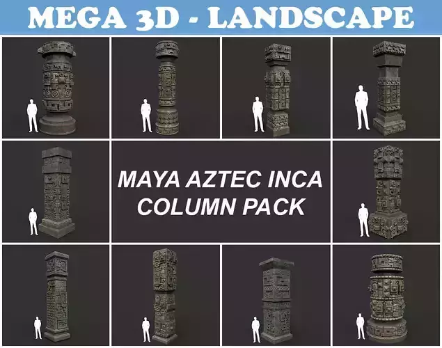 Low poly Mayan Inca Aztec Column Modular Pack Mossy 210616 Low-poly 3D model