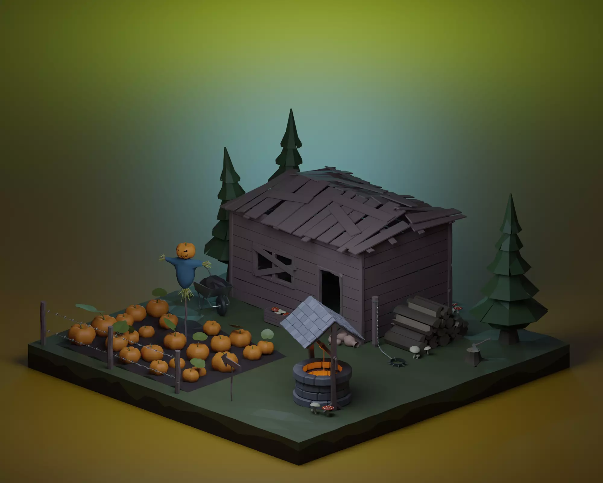 Pumpkin field Low-poly 3D model_0