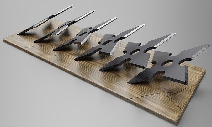 shurikens five knives on wooden board Free 3D model