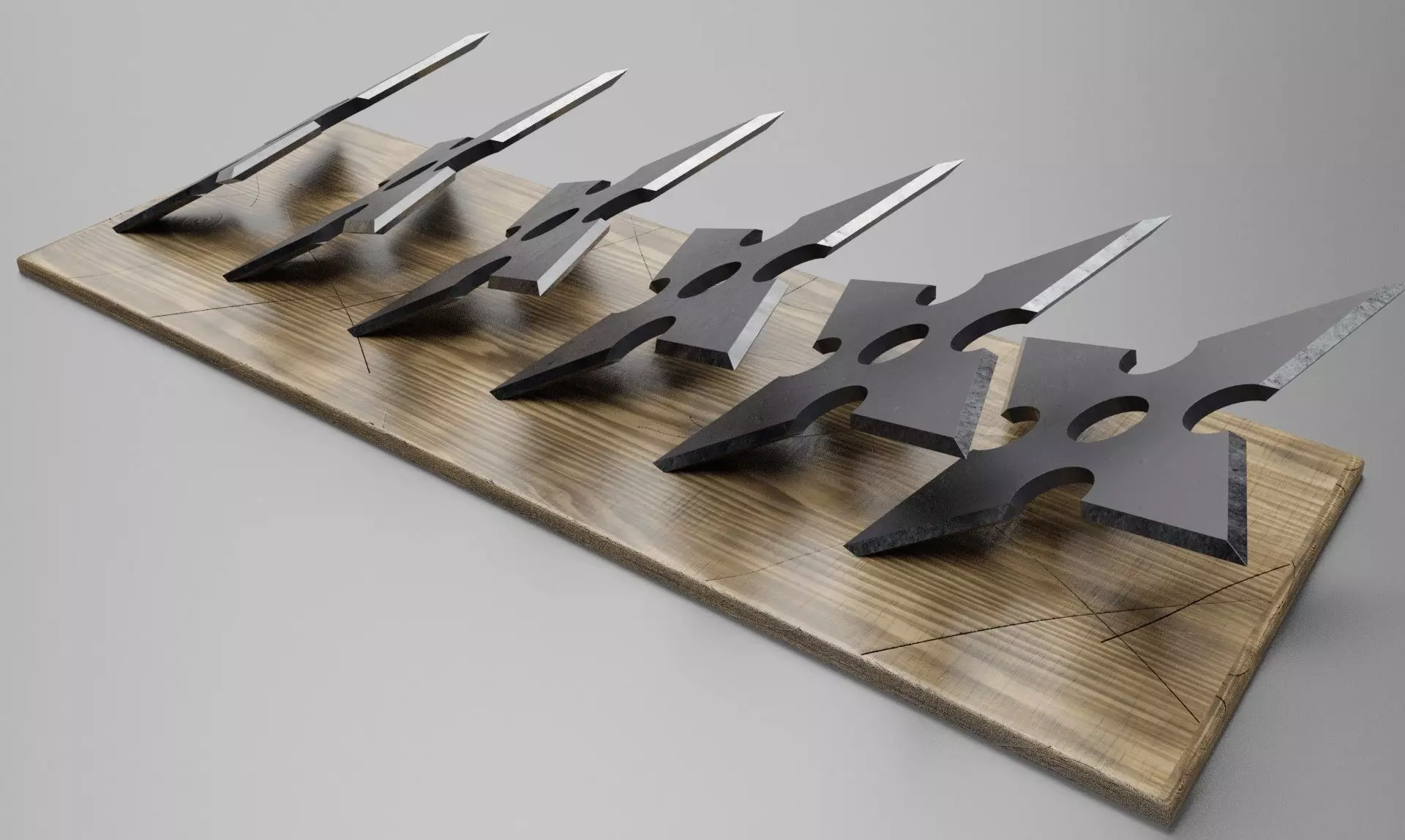 shurikens five knives on wooden board Free 3D model