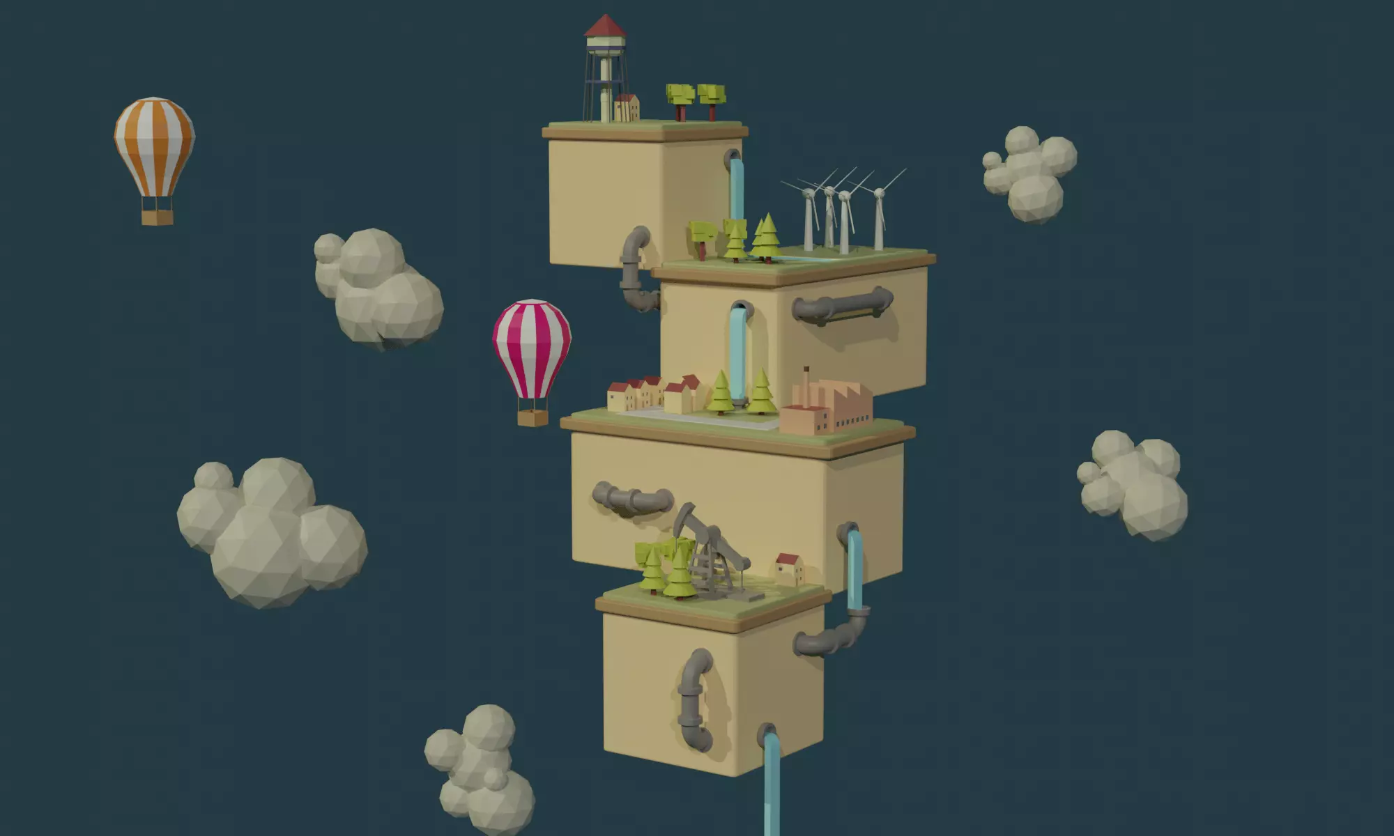 Islands city with buildings and balloons 3D model_0