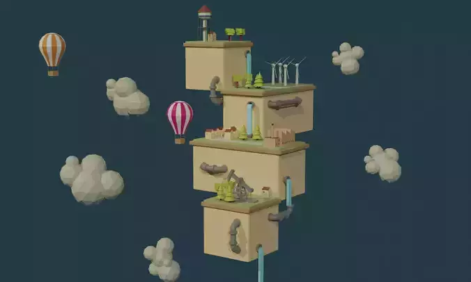 Islands city with buildings and balloons