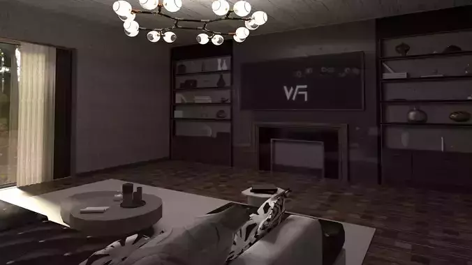 interior living room with fireplace and bookshelves