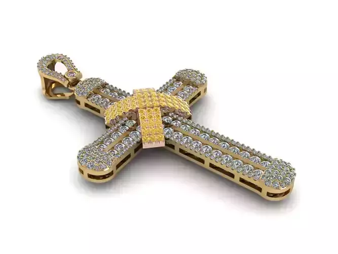 Cross Gold Pendant Full Diamond Baguette and Round