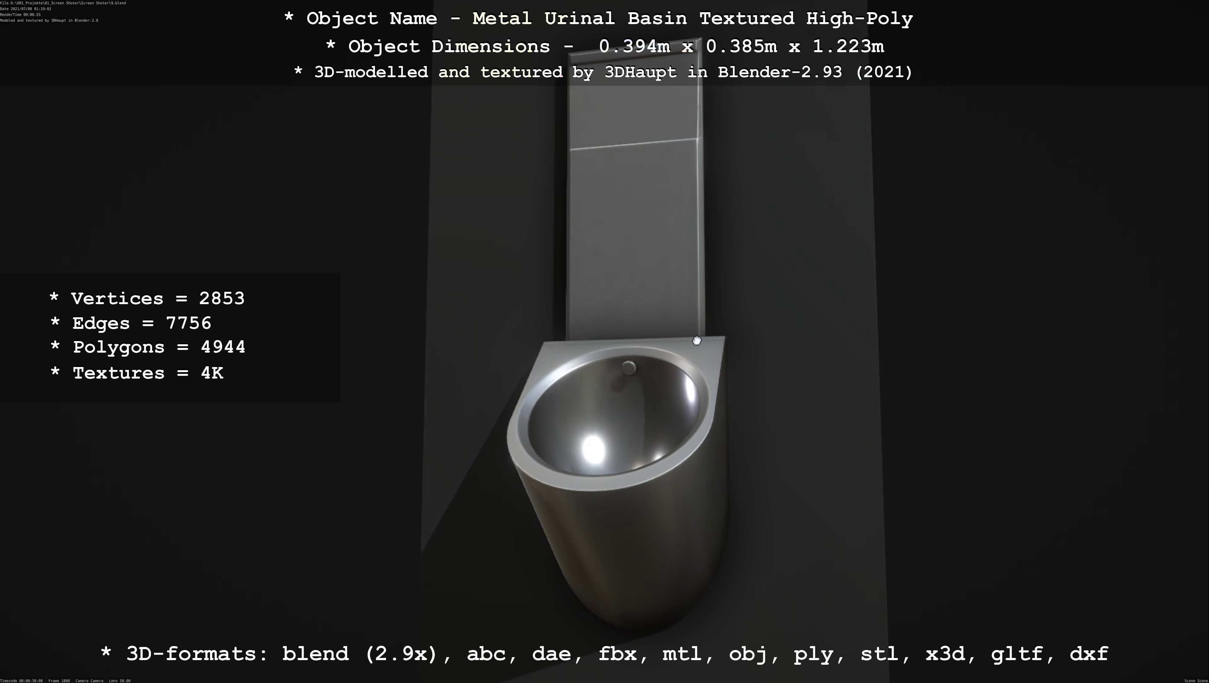 Metal Urinal Basin Textured High-Poly Version 3D model_6