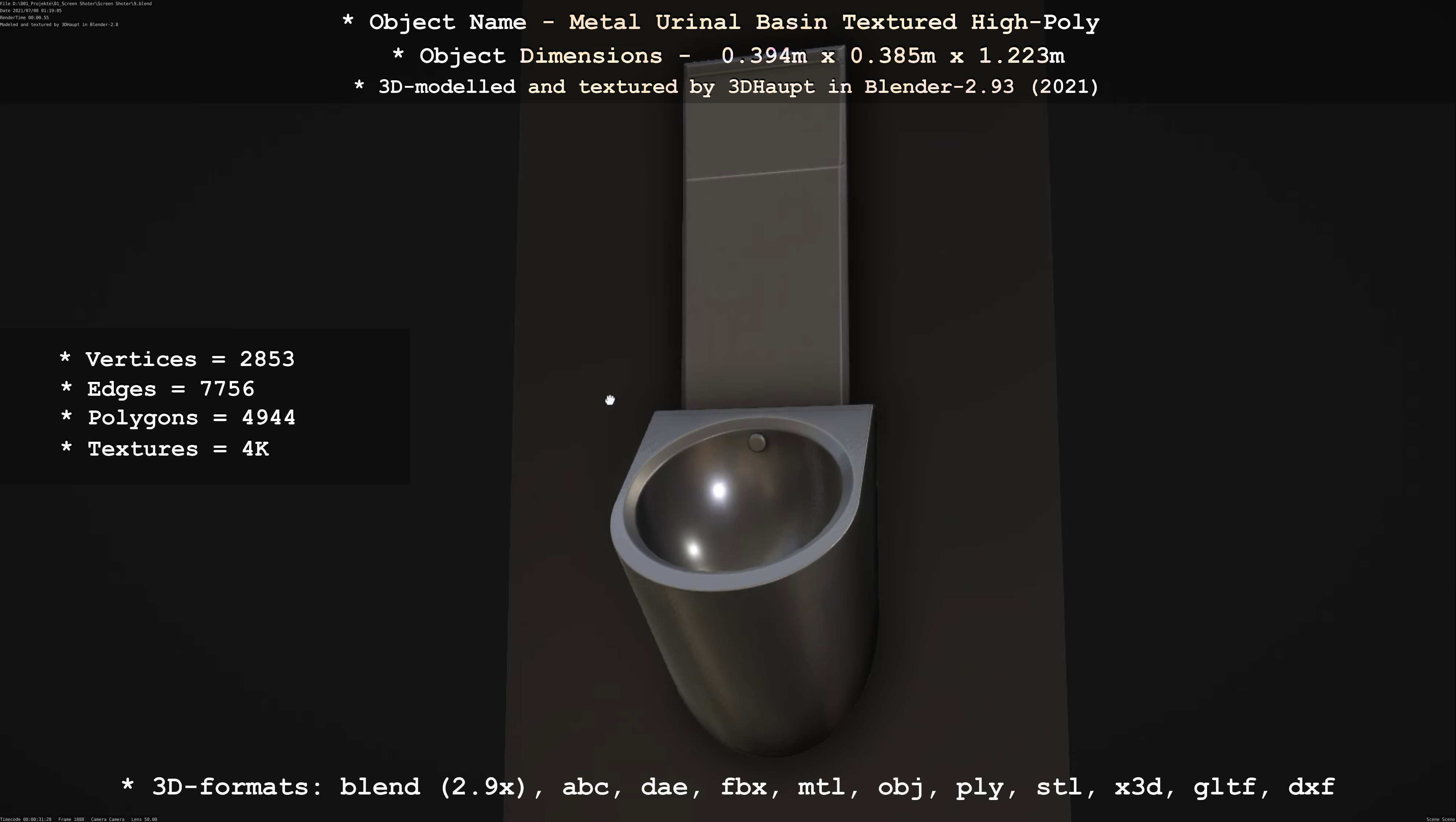 Metal Urinal Basin Textured High-Poly Version 3D model_38