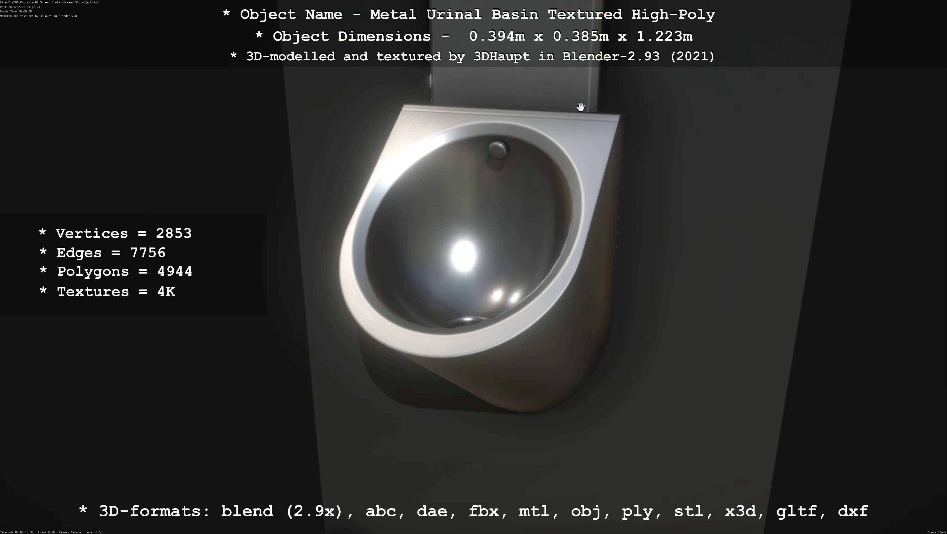 Metal Urinal Basin Textured High-Poly Version 3D model_90