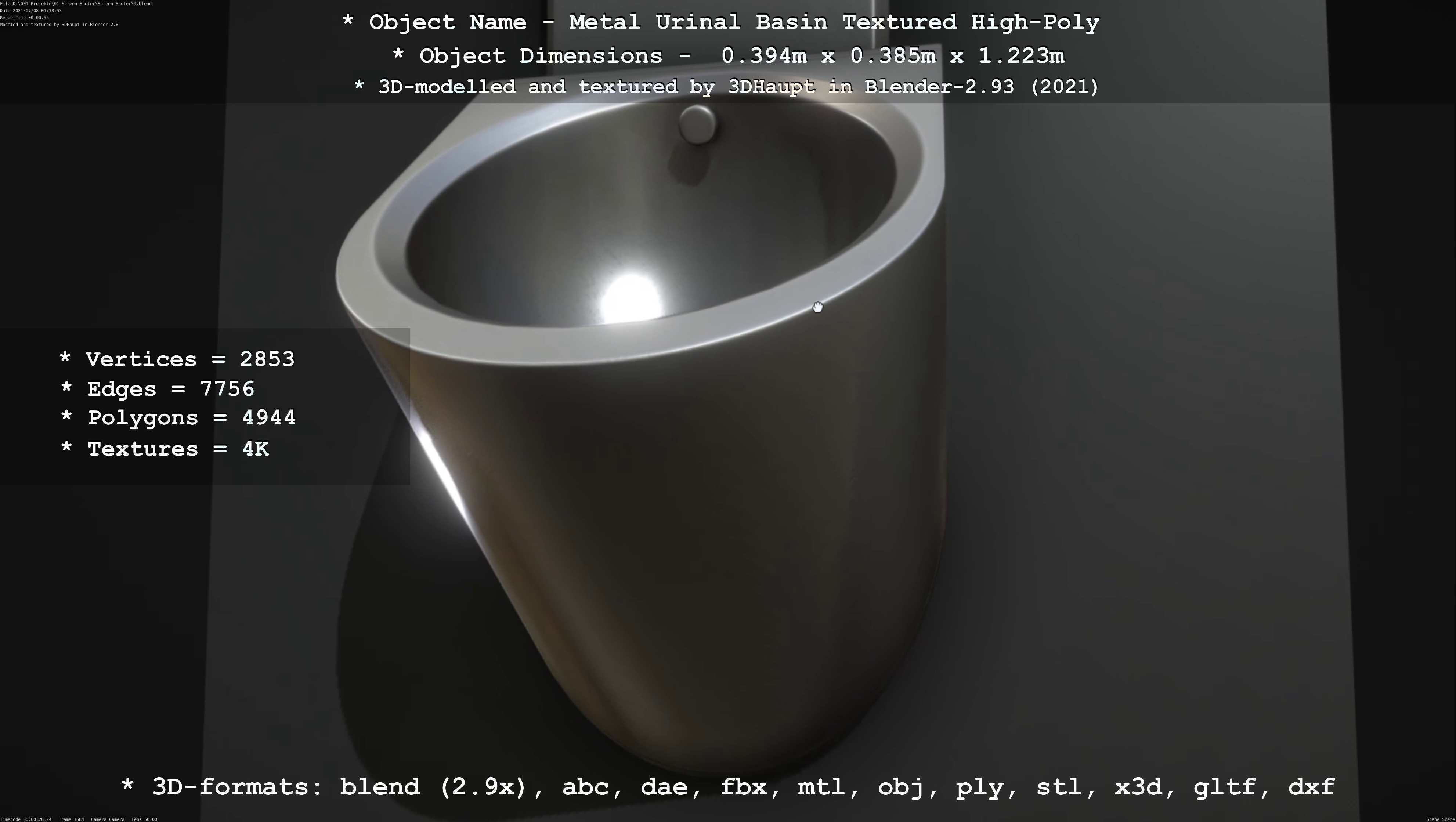 Metal Urinal Basin Textured High-Poly Version 3D model_4
