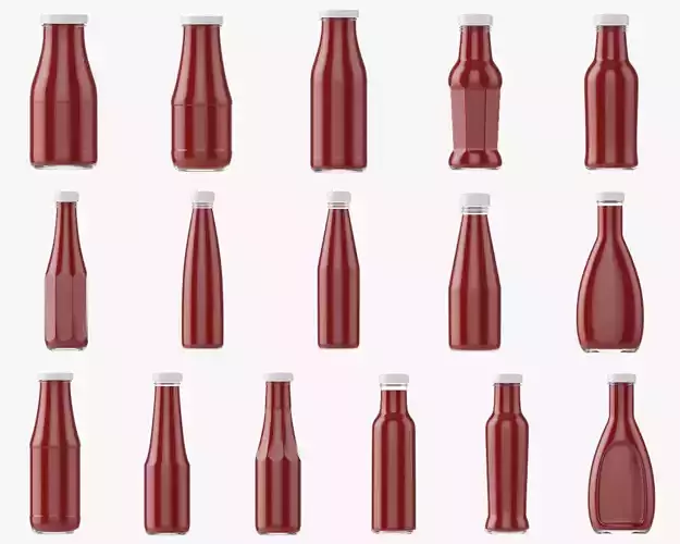 Barbecue sauce in glass bottles 16pcs 3D Model Collection